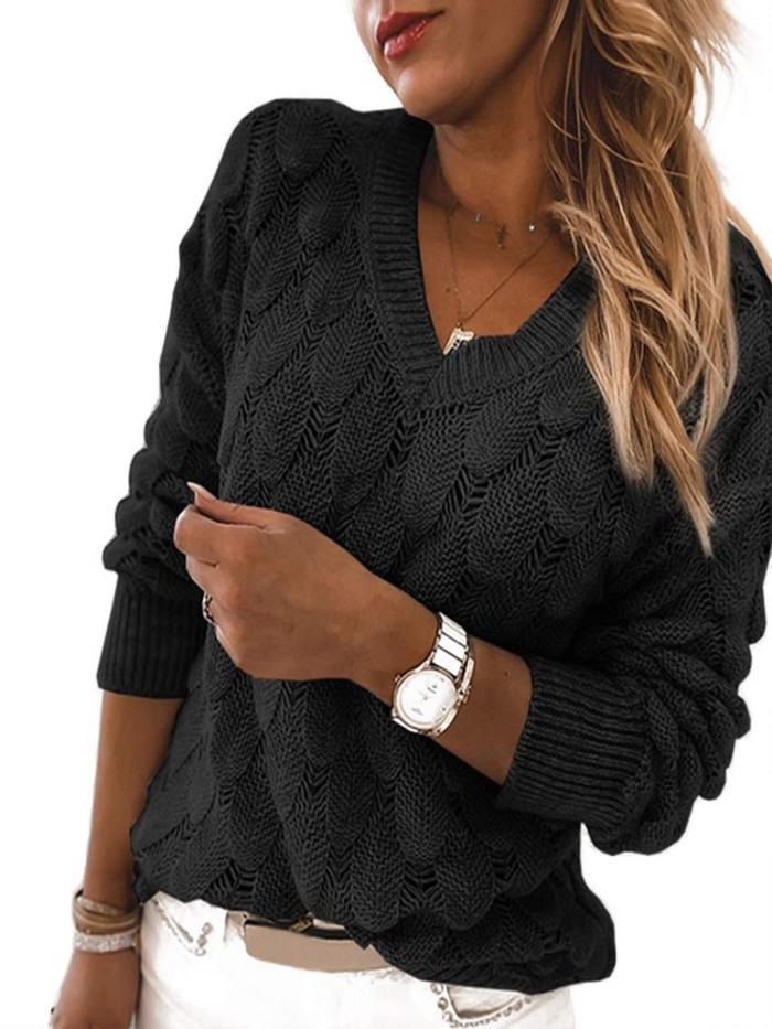 V-Neck Loose Knit Sweater, Casual Long Sleeve Fashion Fall Winter Knit Sweater, Women's Clothing