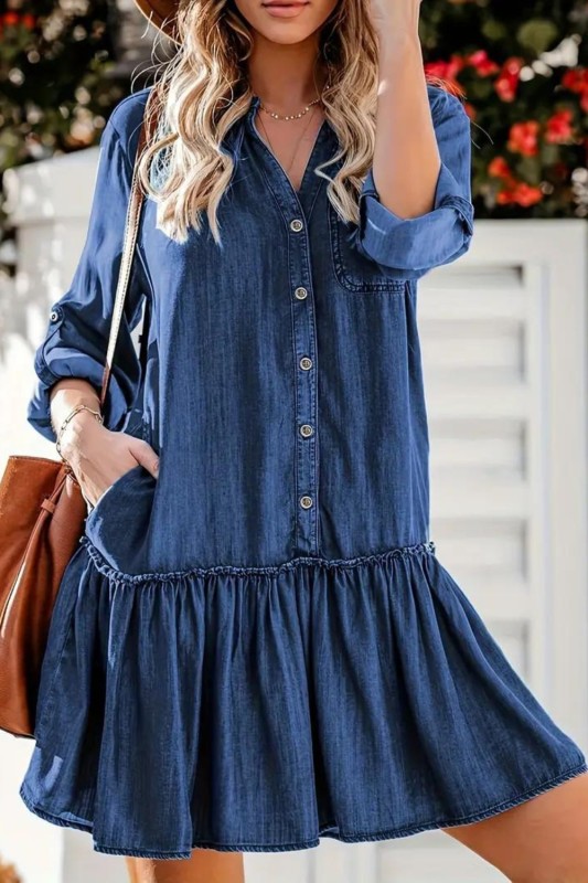Blue Long Sleeves Denim Dress, Loose Fit Single-Breasted Button Fashion Denim Dress, Women's Denim Clothing
