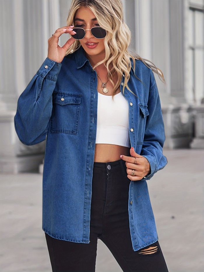 Oversized Flap Pockets Denim Jackets, Blue Long Sleeve Butt Cover Denim Coats, Women's Denim Jackets & Clothing