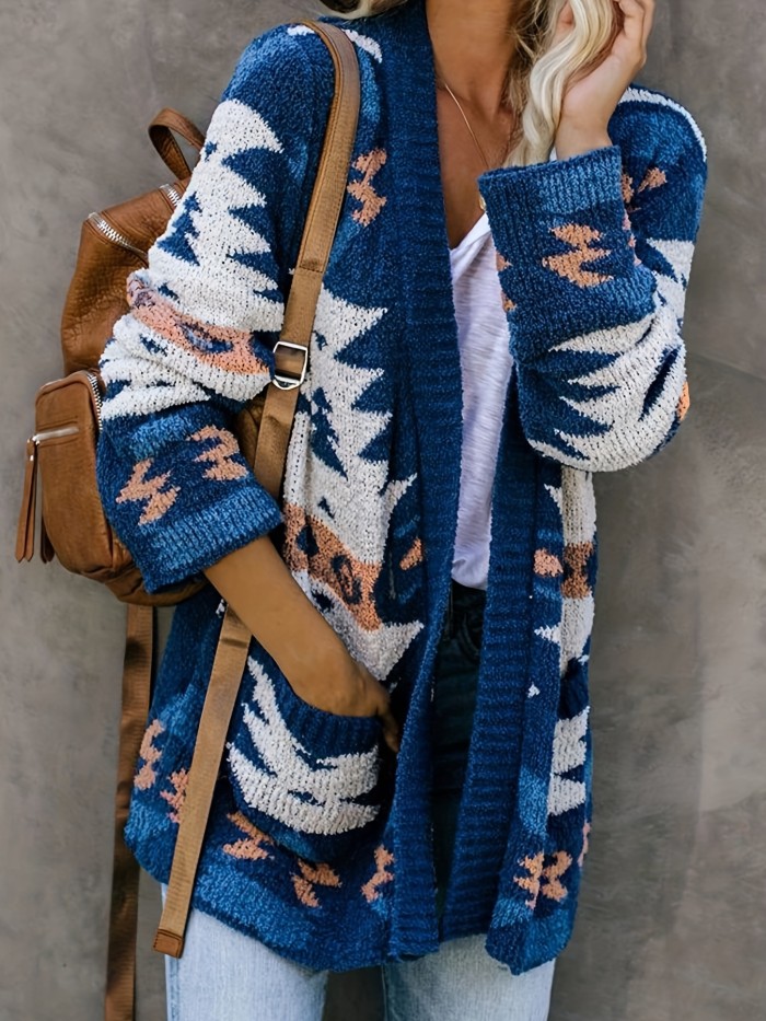 Geometric Pattern Open Front Cardigan, Casual Long Sleeve Pocket Sweater, Women's Clothing