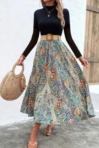 Paisley Print Maxi Dress, Casual Mock Neck Long Sleeve Dress, Women's Clothing