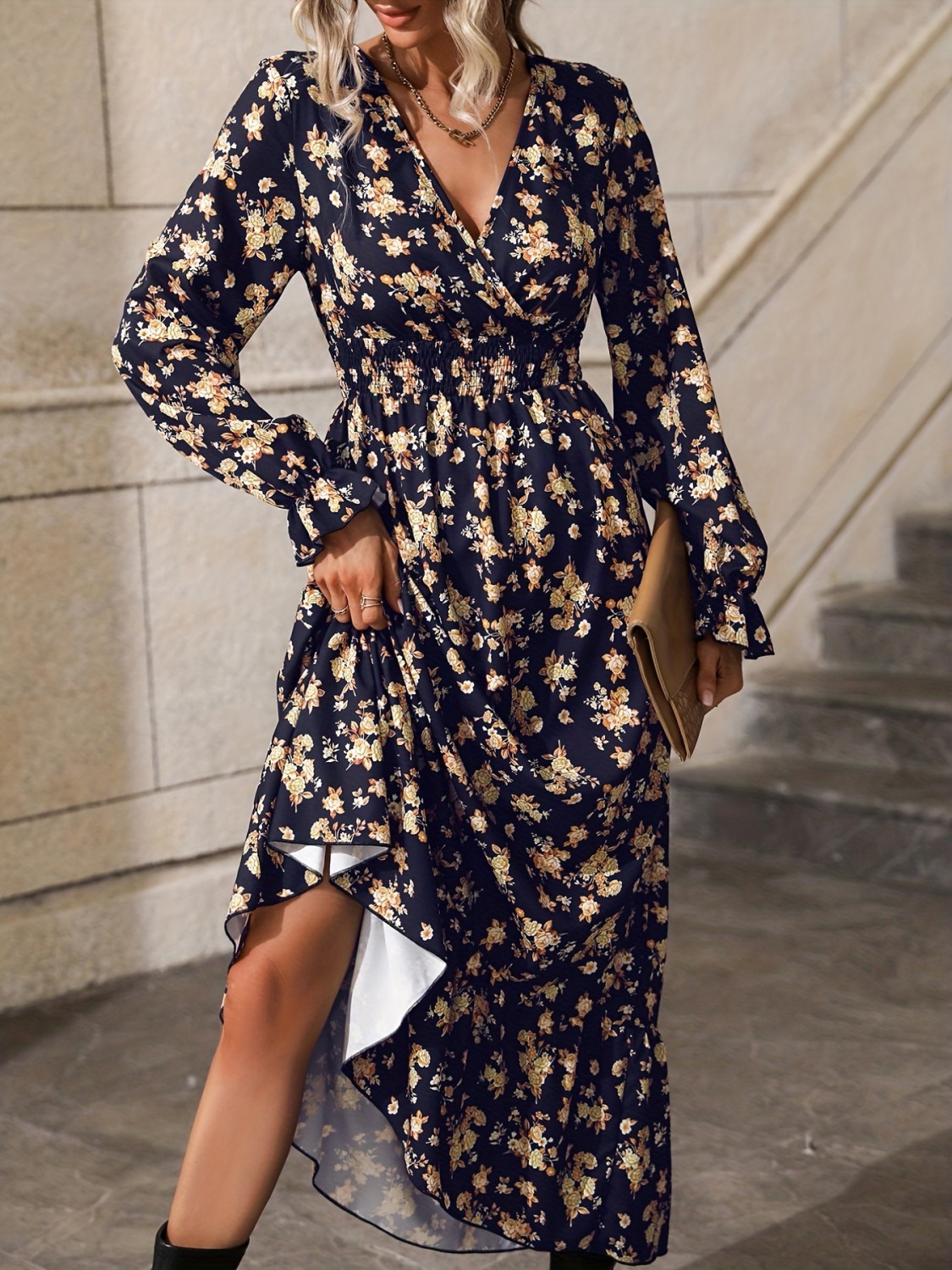 Floral Print Shirred Waist Dress, Elegant V Neck Long Sleeve Maxi Dress ...