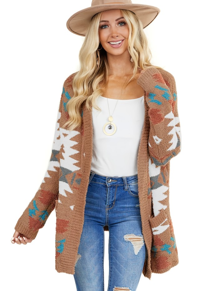 Aztec Pattern Knit Cardigan, Vintage Open Front Long Sleeve Sweater, Women's Clothing