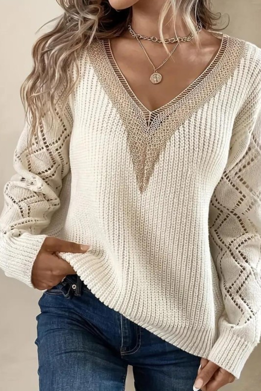 Solid V Neck Cut Out Drop Shoulder Sweater, Casual Long Sleeve Sweater For Spring & Winter, Women's Clothing