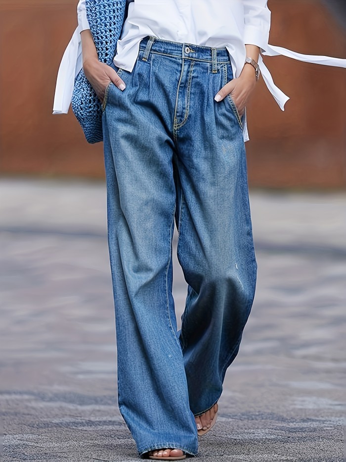 Blue Loose Fit Straight Jeans, High Waist Pleated Slant Pockets Casual ...
