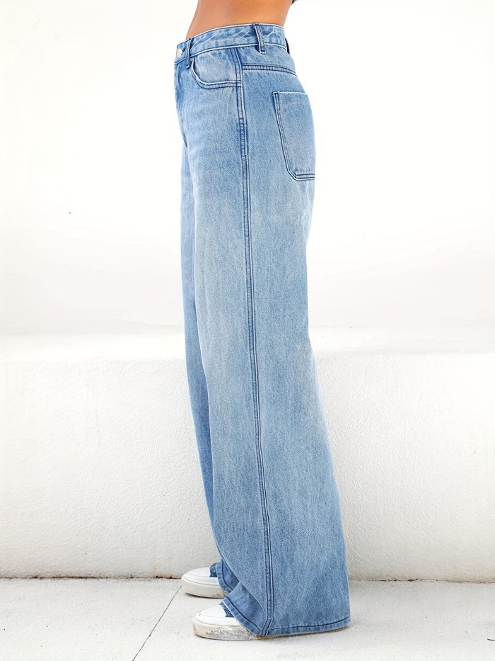 Blue Loose Fit Wide Leg Jeans, High Waist Slash Pockets High Rise Straight Jeans, Women's Denim Jeans & Clothing