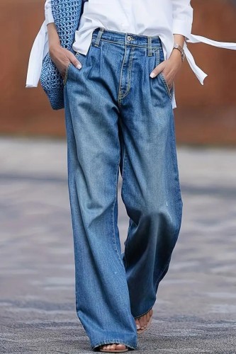 Blue Loose Fit Straight Jeans, High Waist Pleated Slant Pockets Casual Denim Pants, Women's Denim Jeans & Clothing