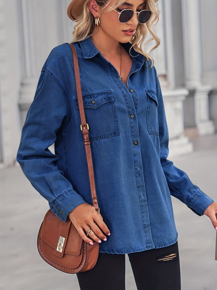 Oversized Flap Pockets Denim Jackets, Blue Long Sleeve Butt Cover Denim Coats, Women's Denim Jackets & Clothing