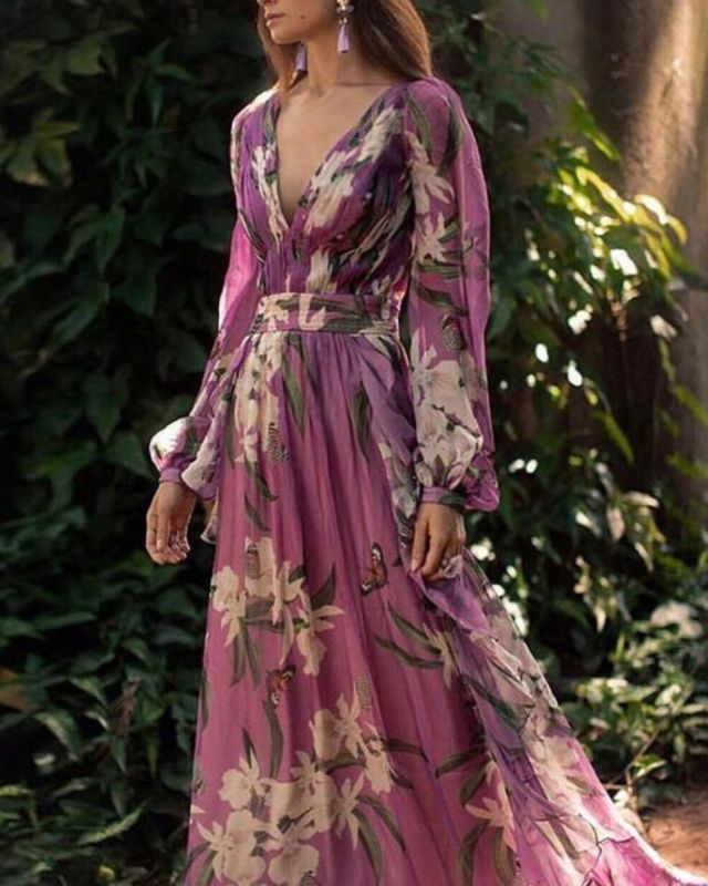 Bohemian Printed Colour V Neck Long Sleeve Pleated Dress