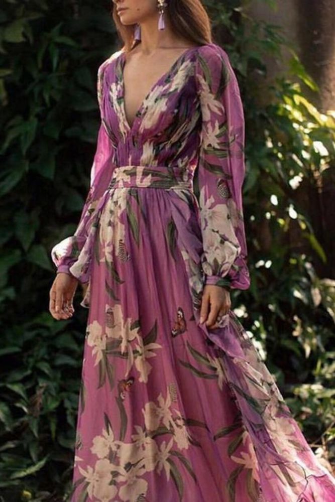 Bohemian Printed Colour V Neck Long Sleeve Pleated Dress