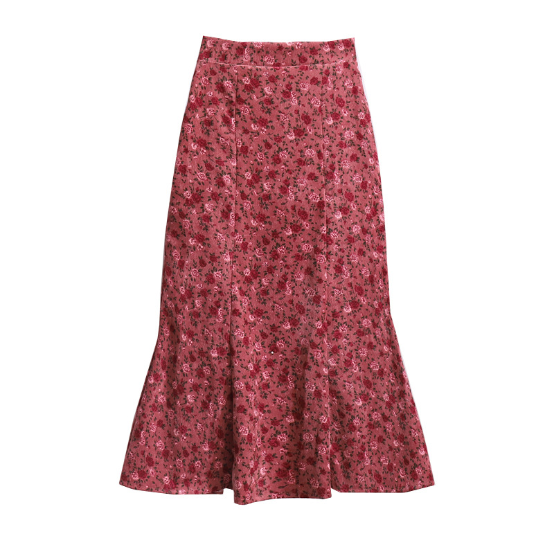 Retro Floral Mermaid Skirt A-line Package Hip New Mid-length Corduroy ...