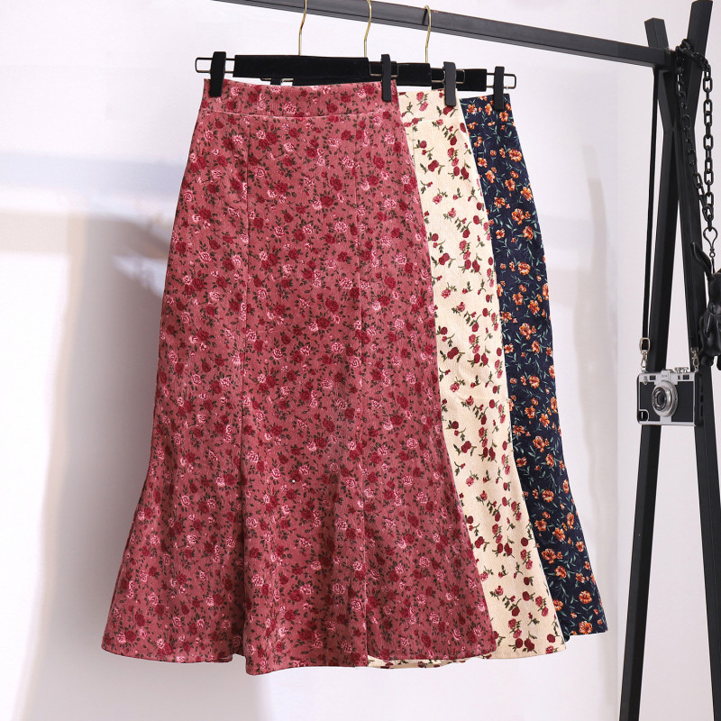 New Floral Fishtail A-line Pack Hip Corduroy Skirt