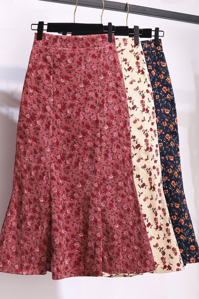 New Floral Fishtail A-line Pack Hip Corduroy Skirt