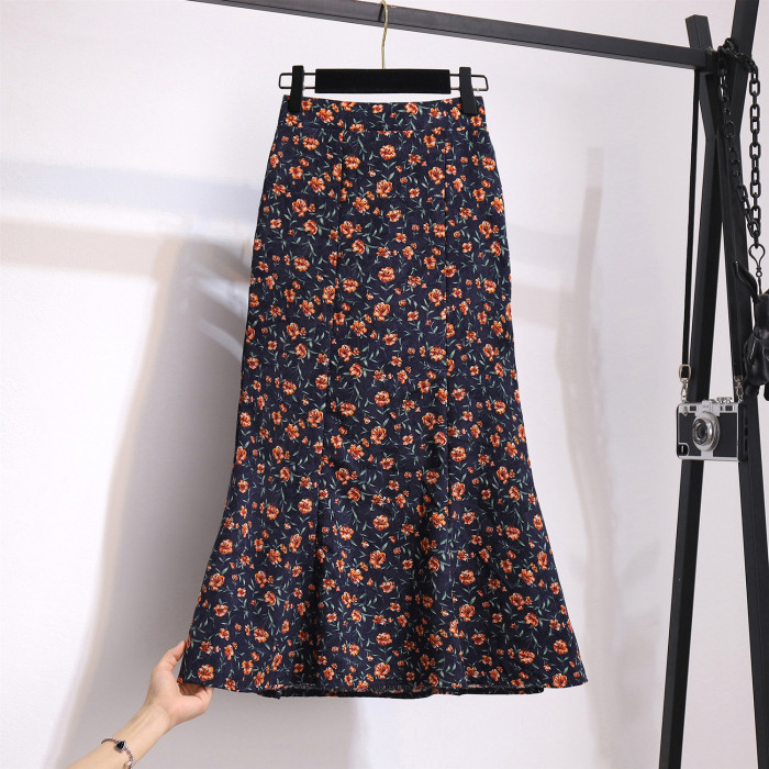 New Floral Fishtail A-line Pack Hip Corduroy Skirt