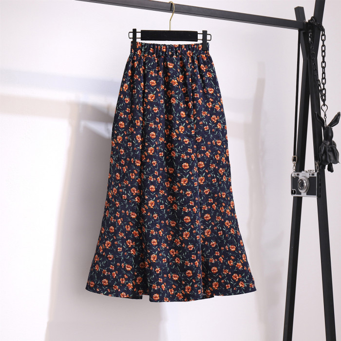 New Floral Fishtail A-line Pack Hip Corduroy Skirt