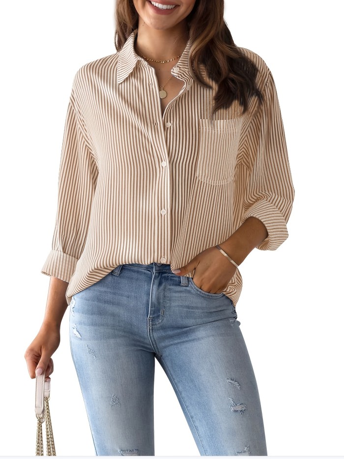 Women's Loose Striped Blouse, Crew Neck Long Sleeve Casual Blouse