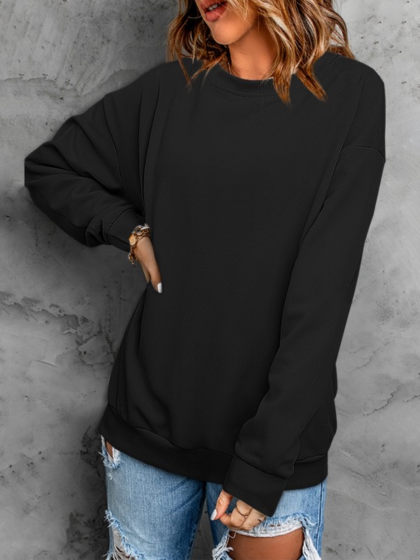 Solid Casual Round Neck Ribbed Pullover, Oversized Fashion Loose Long Sleeve Spring Fall Sweatshirt, Women's Clothing