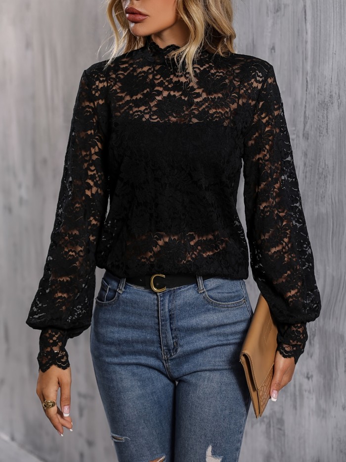 Lace Solid Blouse, Stand Collar Long Sleeve Casual Every Day Top For Fall, Women's Clothing