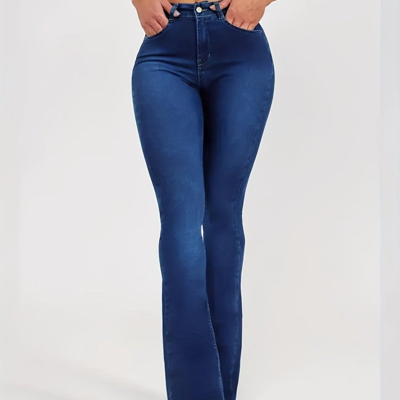 Dark Blue Slim Fit Flared Jeans, High-Stretch Bell Bottom Slash Pockets Wide Legs Denim Pants, Women's Denim Jeans & Clothing