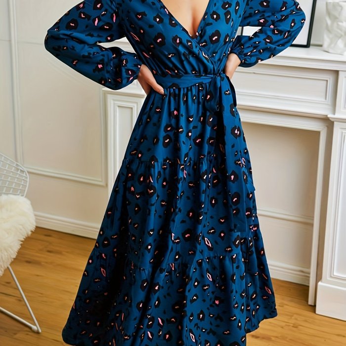 Plunging V-neck Belted Ruffle Hem Dress, Elegant Allover Print Long Sleeve Maxi Dress