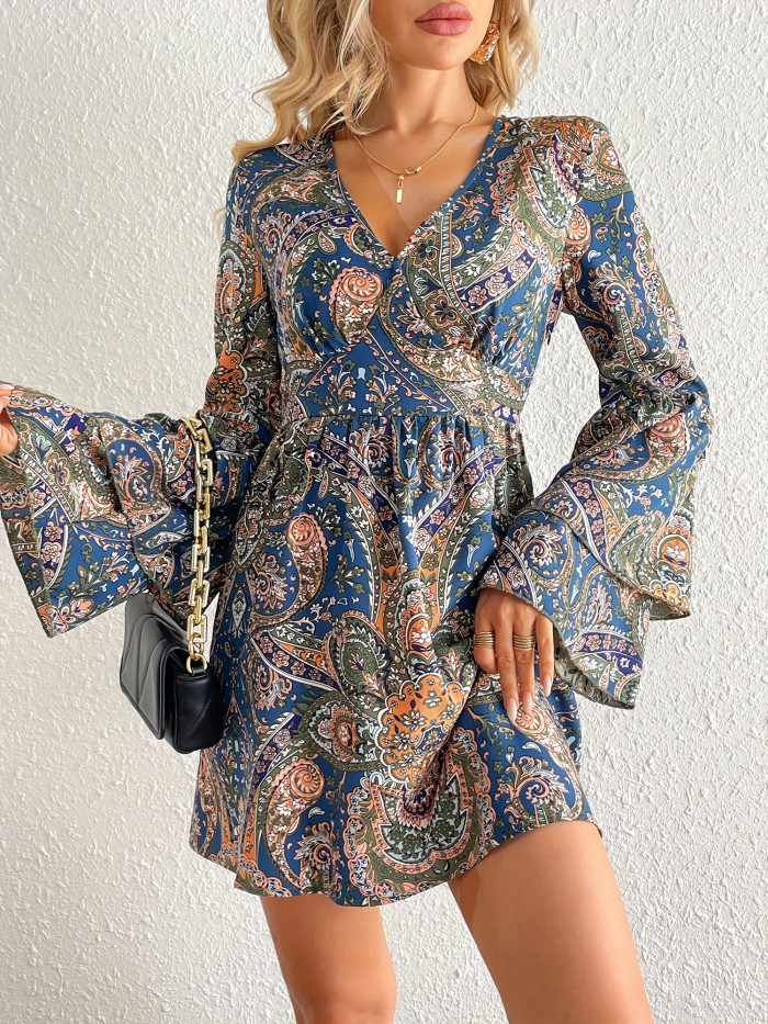 Paisley Print Layered Dress, Boho V Neck Long Sleeve Pleated Dress, Women's Clothing