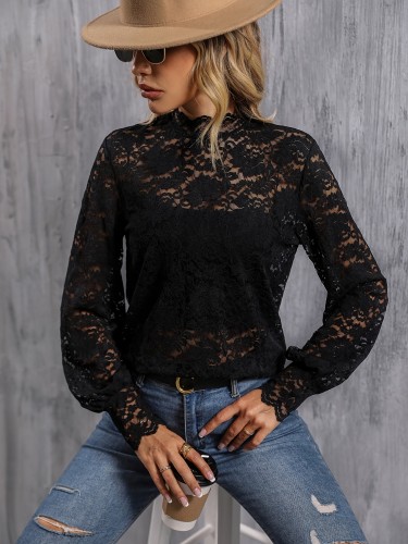 Lace Solid Blouse, Stand Collar Long Sleeve Casual Every Day Top For Fall, Women's Clothing