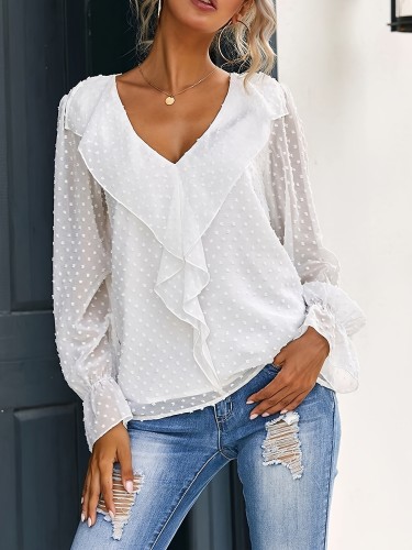 V Neck Solid Elegant Blouse, Long Sleeve Casual Every Day Top For Spring & Fall, Women's Clothing