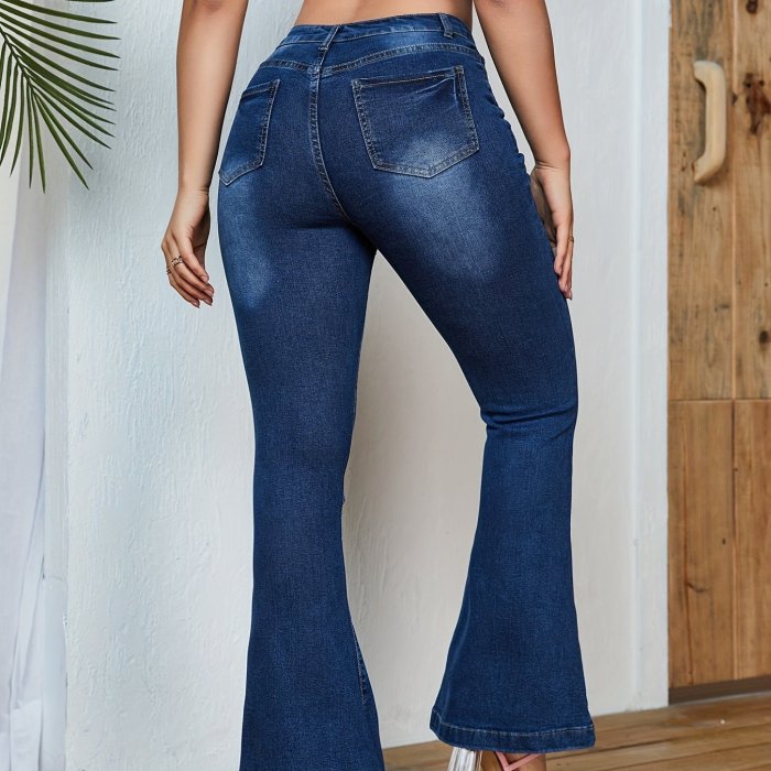 Dark Blue Whiskered Flare Jeans, Mid-Stretch Slant Pockets Slim Fit Bell Bottom Jeans, Women's Denim Jeans & Clothing