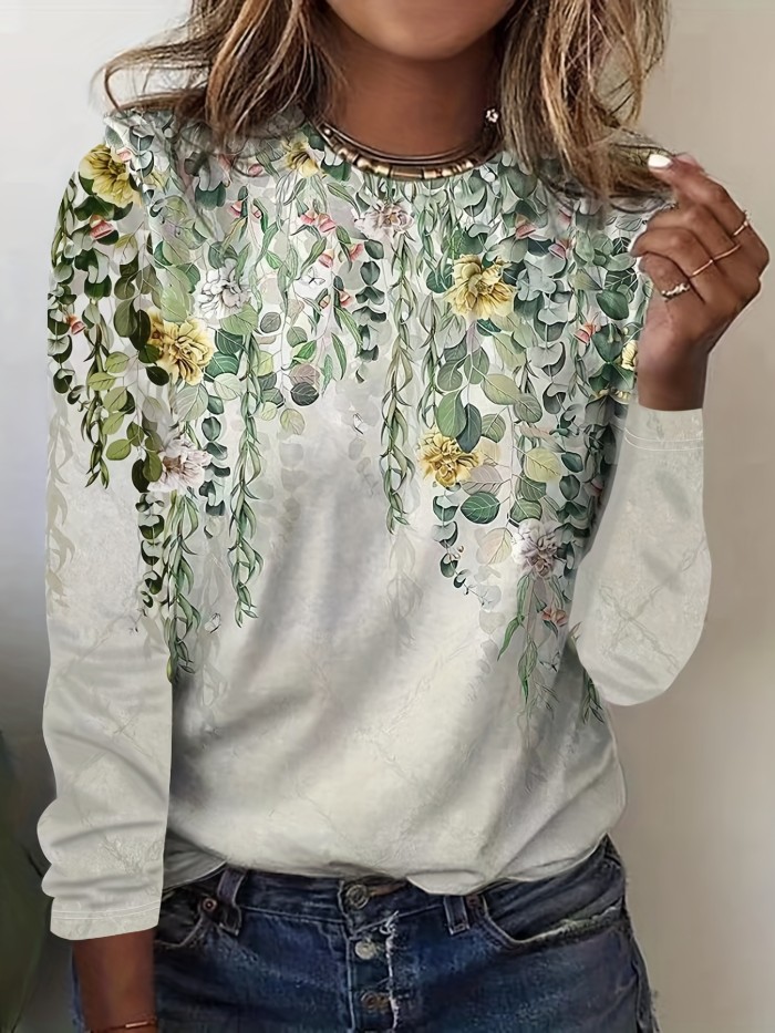 Floral Print Crew Neck T-Shirt, Casual Long Sleeve T-Shirt For Spring & Fall, Women's Clothing