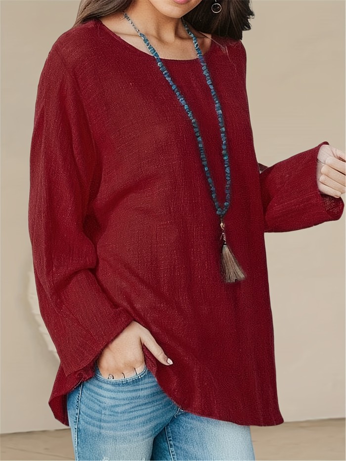 Solid Crew Neck Loose Blouse, Casual Long Sleeve Blouse For Spring & Fall, Women's Clothing
