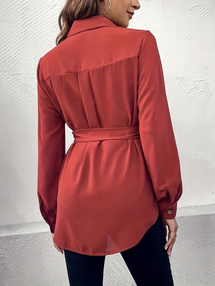 Solid Polo Collar Belted Blouse, Casual Long Sleeve Blouse