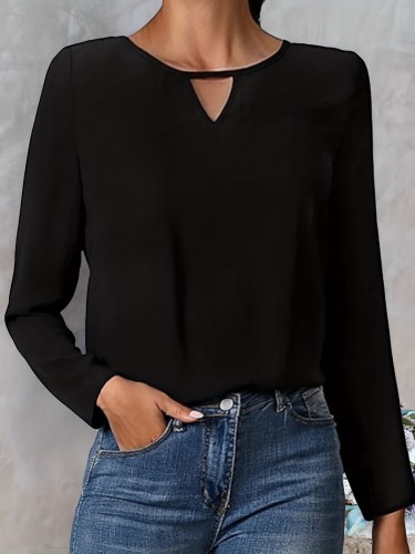 Solid Cut Out Crew Neck Blouse, Casual Long Sleeve Blouse For Spring & Fall, Women's Clothing