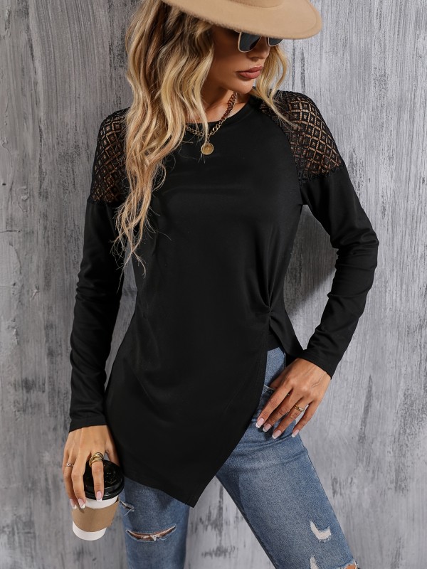 Solid Long Sleeve Blouse, Crew Neck Casual Every Day Top For Spring & Fall, Women's Clothing