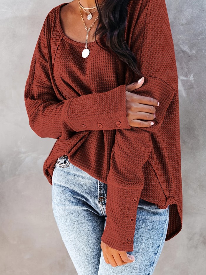 Solid Waffle Knitted Top, Long Sleeve Casual Every Day Top For Fall And Spring, Women's Clothing