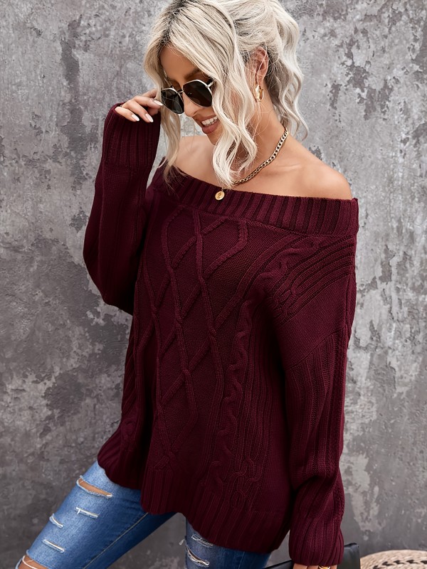 Sexy Off Shoulder Sweater, Casual Solid Long Sleeve Loose Fall Winter Knit Sweater, Women's Clothing