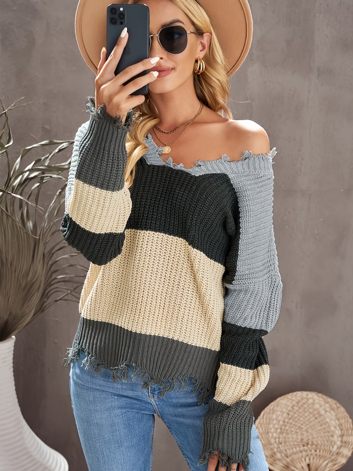 Casual Shattered Sweater, Long Sleeve Color Block V Neck Loose Drop Shoulder Fall Winter Knit Sweater, Women's Clothing