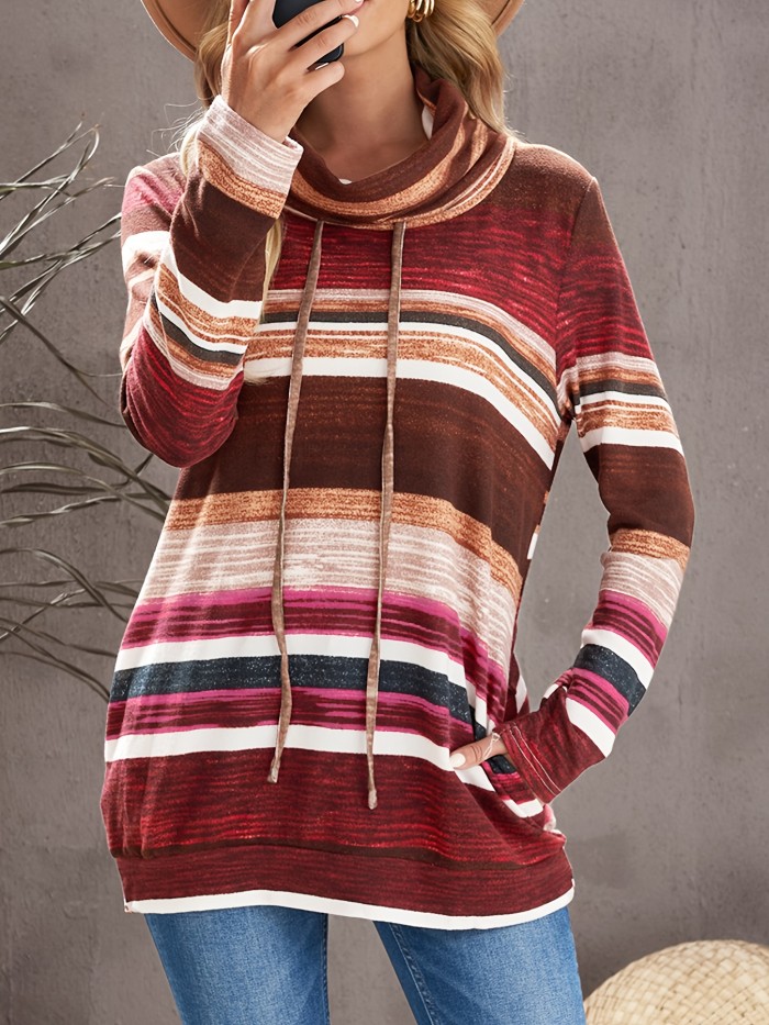 Striped Print Drawstring Pullover Sweatshirt, Casual Long Sleeve Turtle Neck Sweatshirt For Fall & Winter, Women's Clothing
