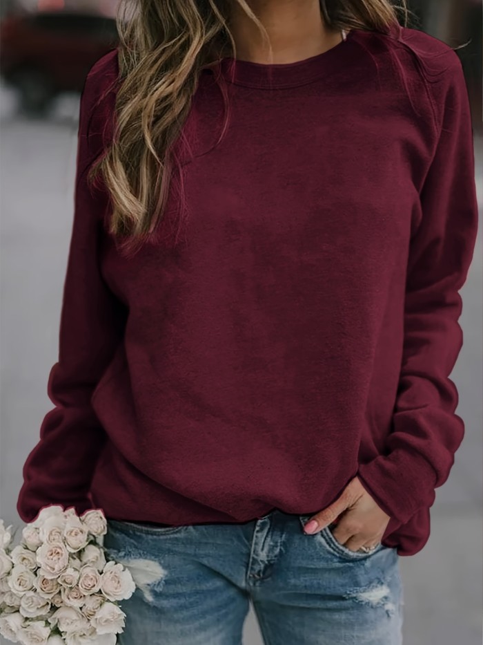 Solid Pullover Sweatshirt, Long Sleeve Crew Neck Sweatshirt, Casual Tops For Fall & Winter