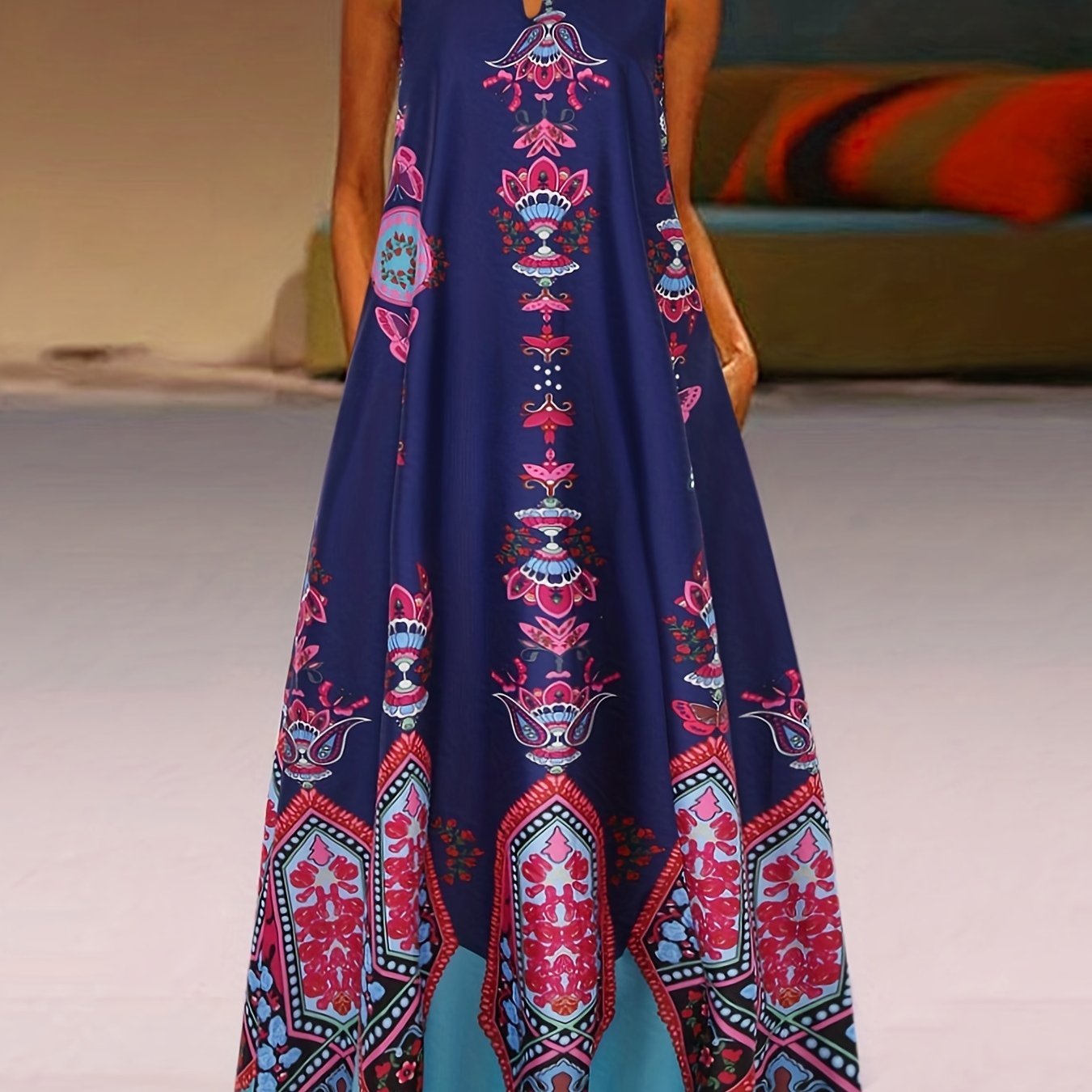 Plus Size Notched Balloon Sleeve Printed Maxi Dress main image 0