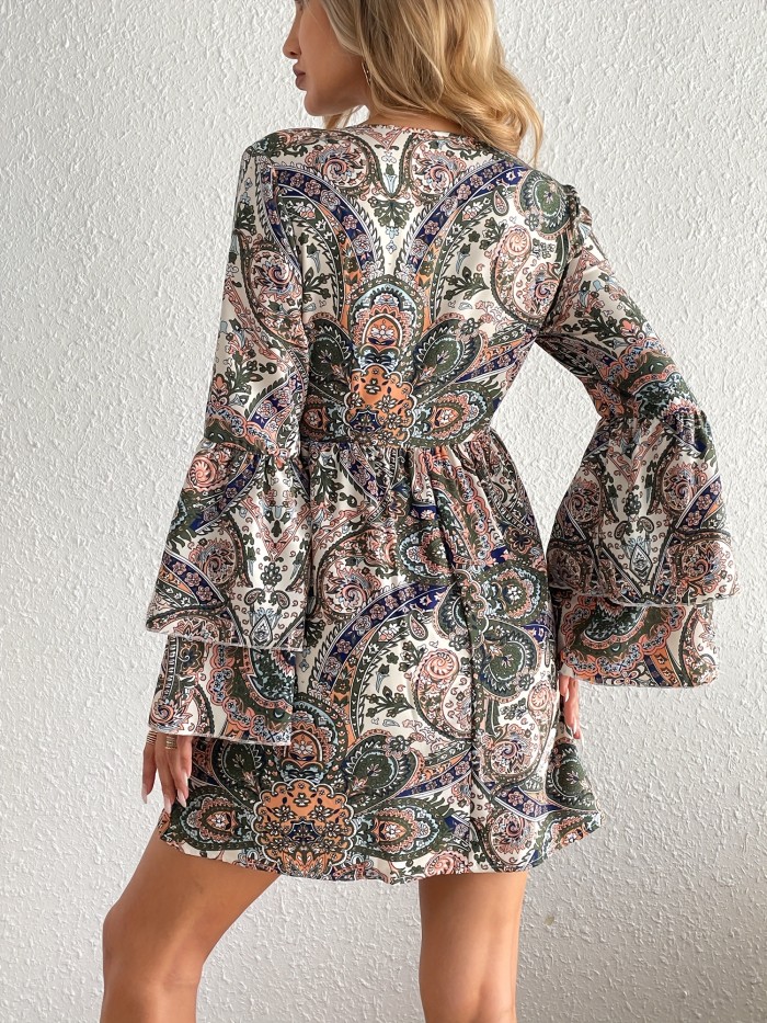 Paisley Print Layered Dress, Boho V Neck Long Sleeve Pleated Dress, Women's Clothing