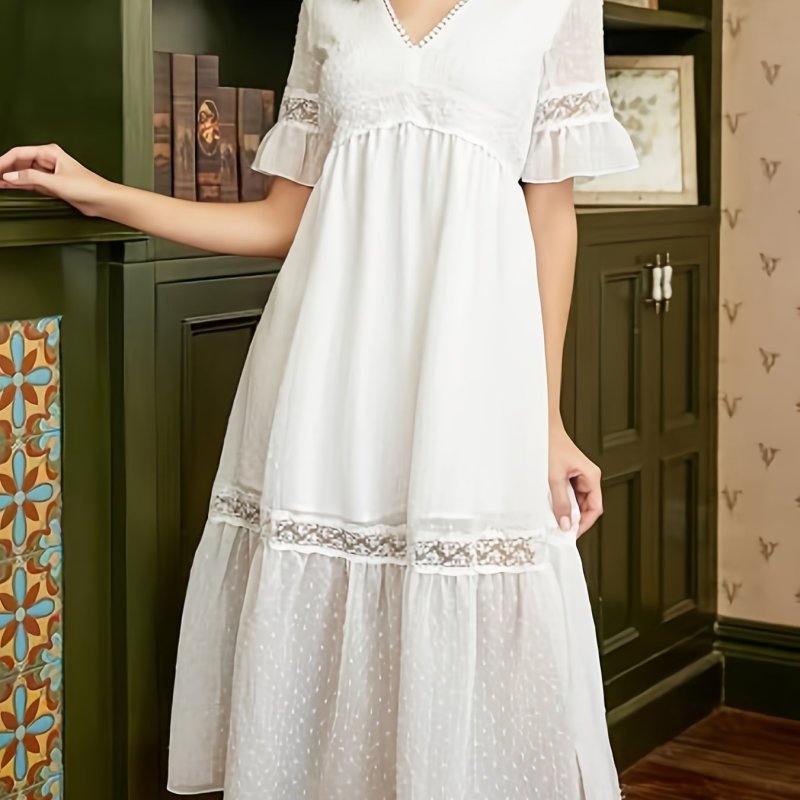 Swiss Dot Lace Dress, Elegant V Neck Stitching Ruffle Hem Short Sleeve Dress, Women's Clothing