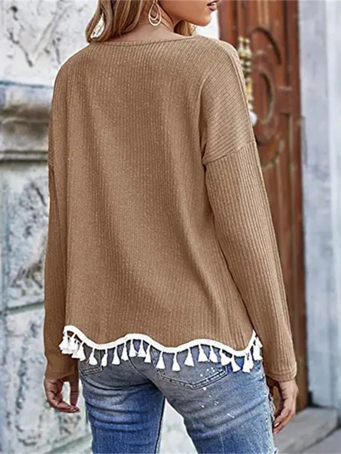 Women's T-Shirt Long Sleeve Round Neck Casual Loose Solid Hem Fall Winter Fashion T-Shirt