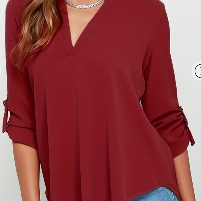 Rollable Sleeve Blouse, Casual V Neck Solid Comfy Blouse For Spring & Fall, Women's Clothing