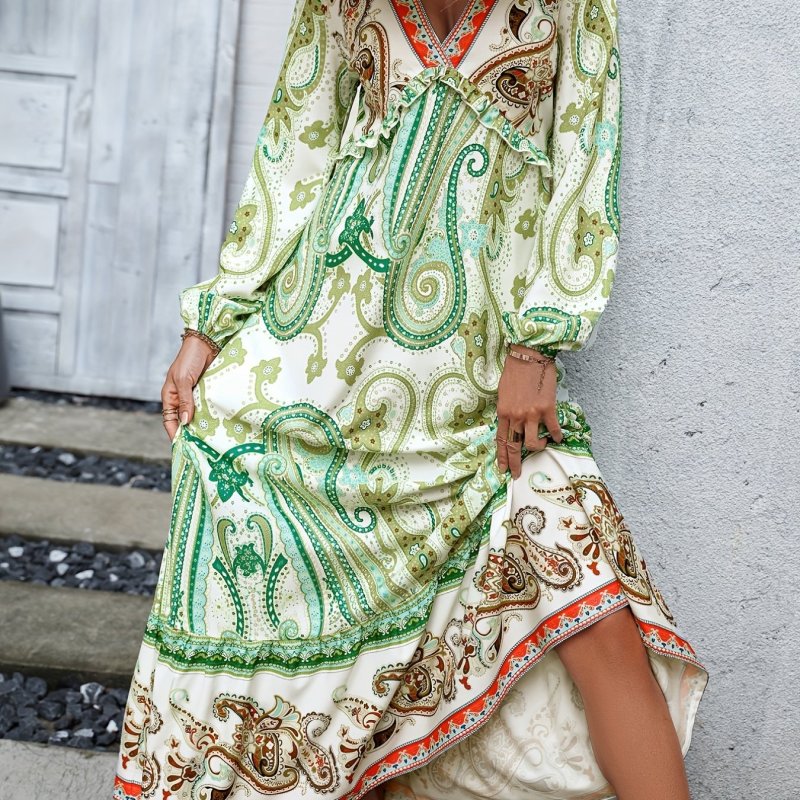 Paisley Print Ruffle Trim Dress, Boho V Neck Long Sleeve Dress, Women's Clothing