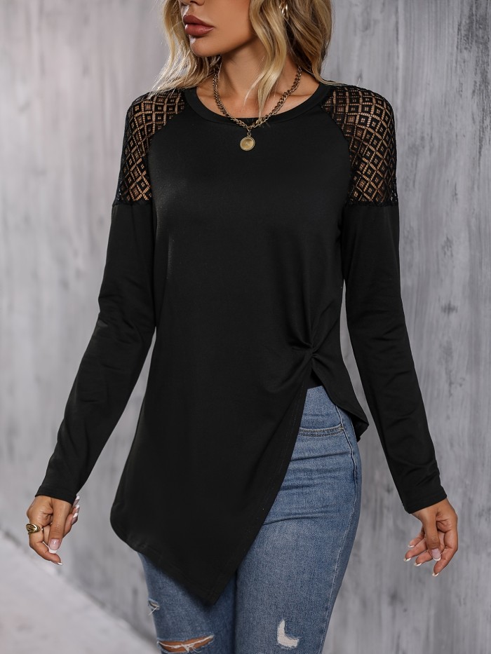 Solid Long Sleeve Blouse, Crew Neck Casual Every Day Top For Spring & Fall, Women's Clothing