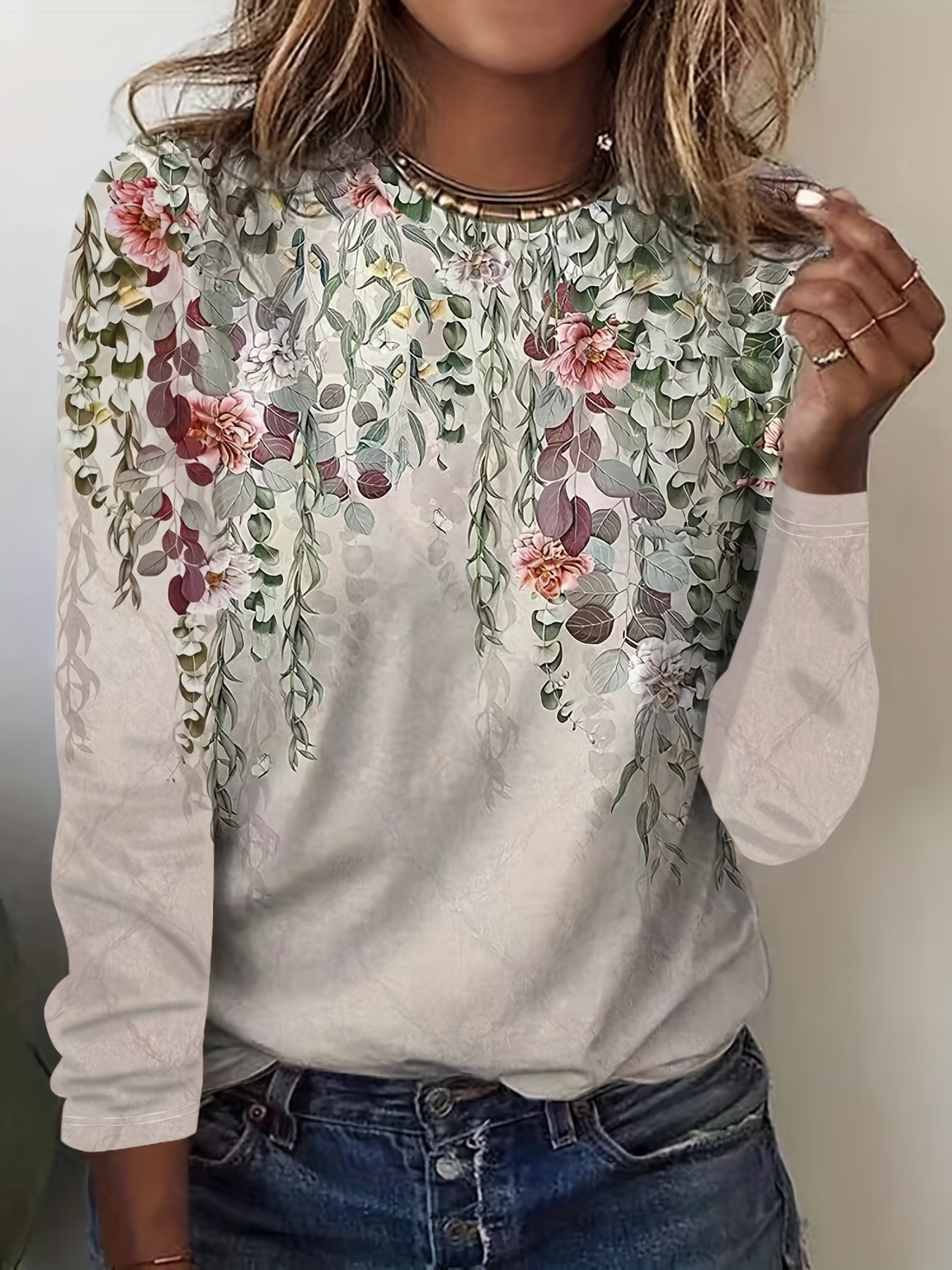Fashion Crew Neck Long Sleeve Floral Casual Regular T-Shirt main image 1