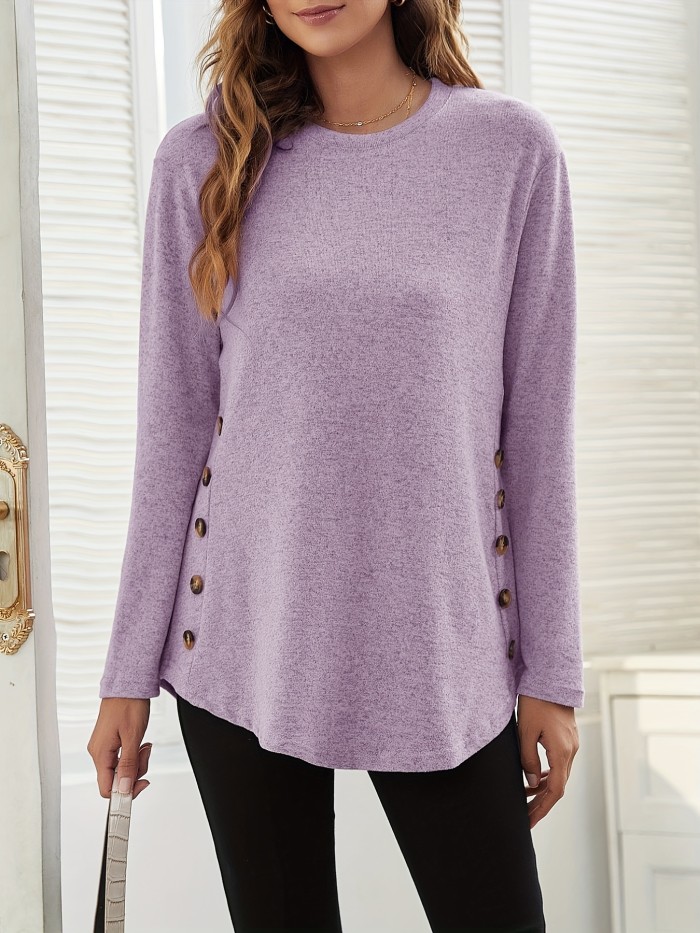 Solid Long Sleeve T-Shirts, Oversized Crew Neck Top, Women's Casual Tops For Fall & Winter, Women's Clothing
