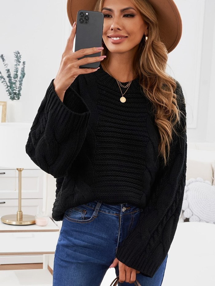 Casual Cable Loose Knit Sweater, Solid Crew Neck Long Sleeve Fashion Fall Winter Knit Sweater, Women's Clothing