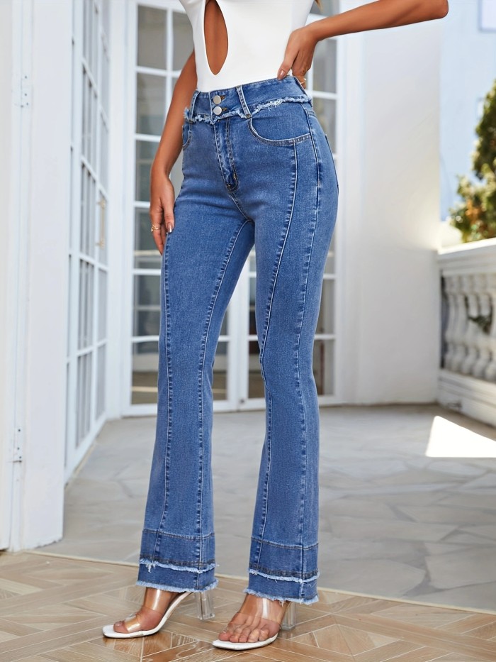 Blue Raw Hem Flare Jeans, Double Button Slant Pockets Slim Fit Bell Bottom Jeans, Women's Denim Jeans & Clothing