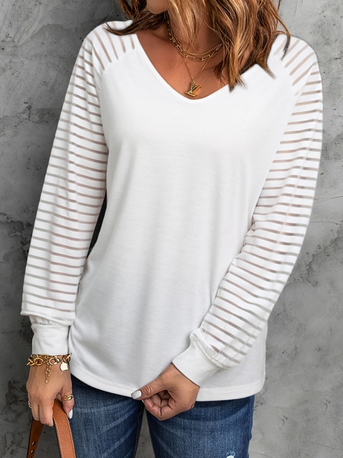 Women's Solid Color Striped Long Sleeve Tops, Casual Loose Fall Winter Sweatshirts, Women's Clothing
